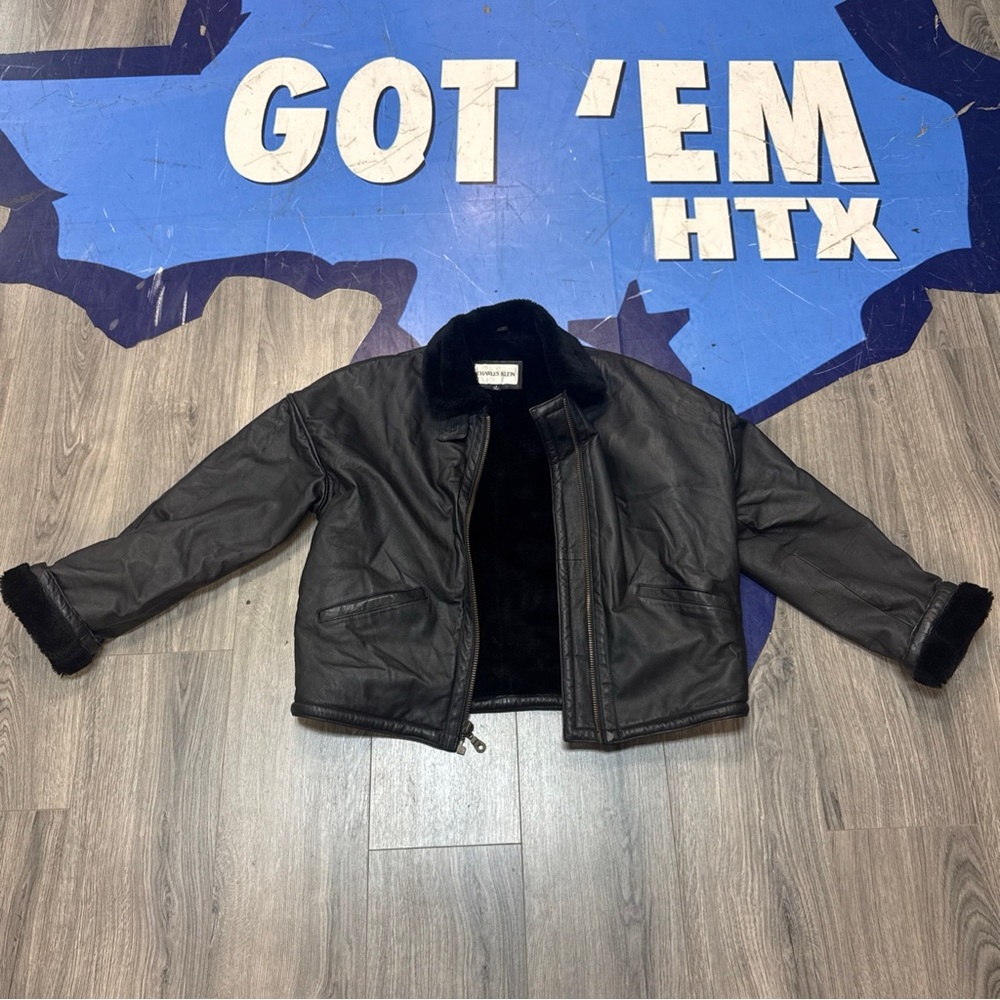 Black Leather Charles Klein Jacket with Fur Collar